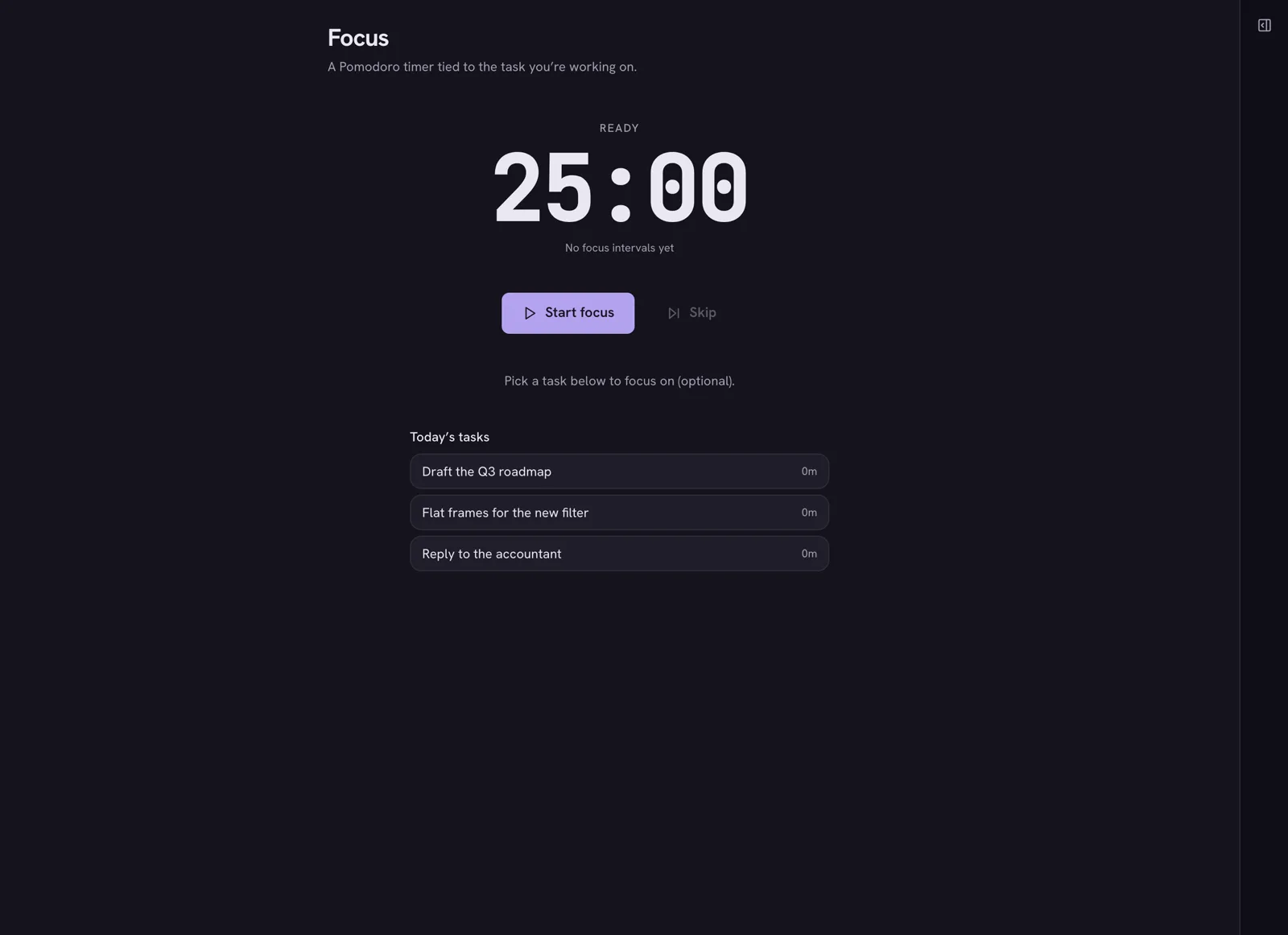 The Focus screen: a large 25:00 timer ready to start, with today's tasks listed below to attach the session to.