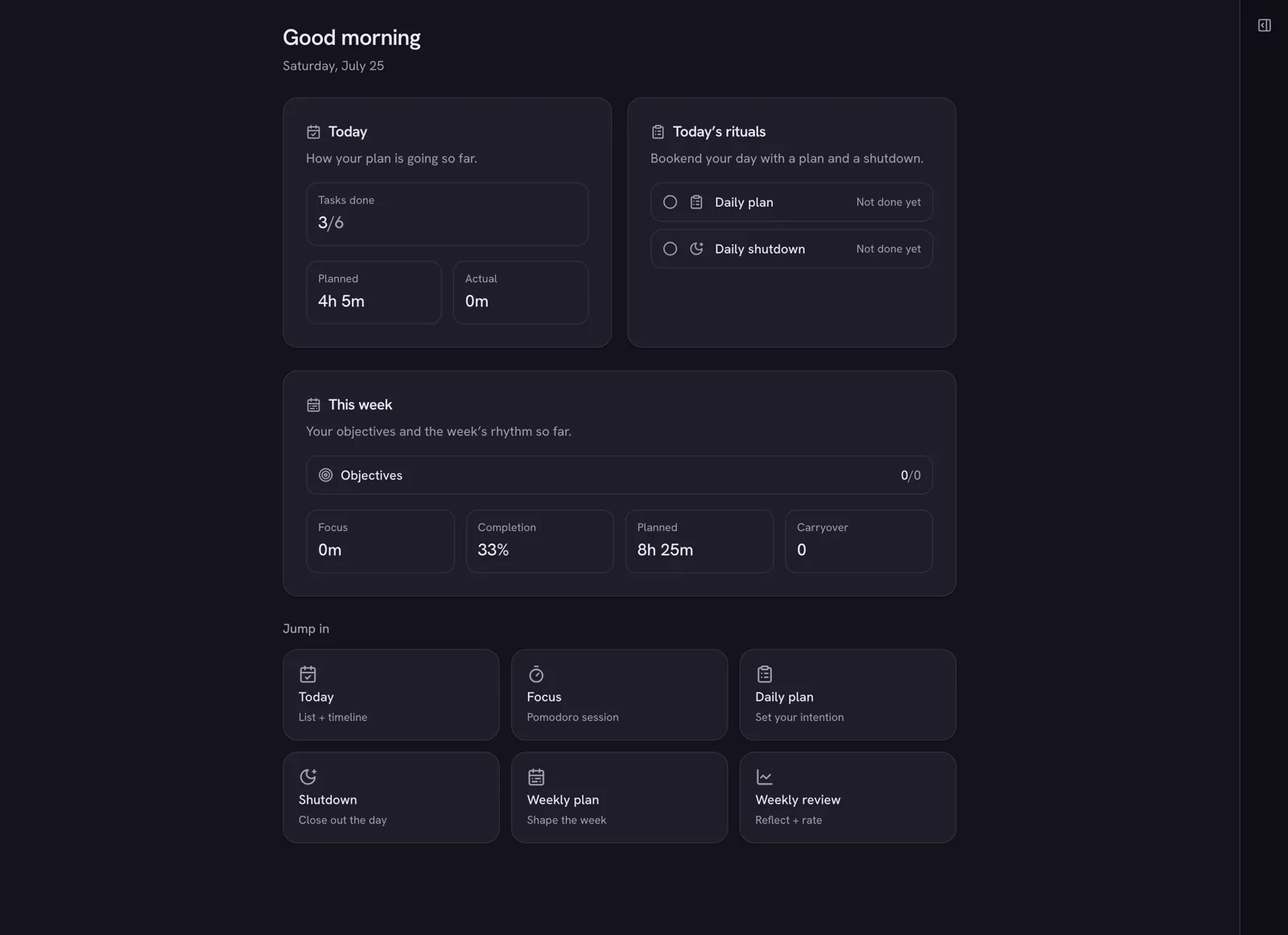 The Overview screen: today's tasks done count, planned versus actual time, daily plan and shutdown rituals, and this week's objectives with completion stats.