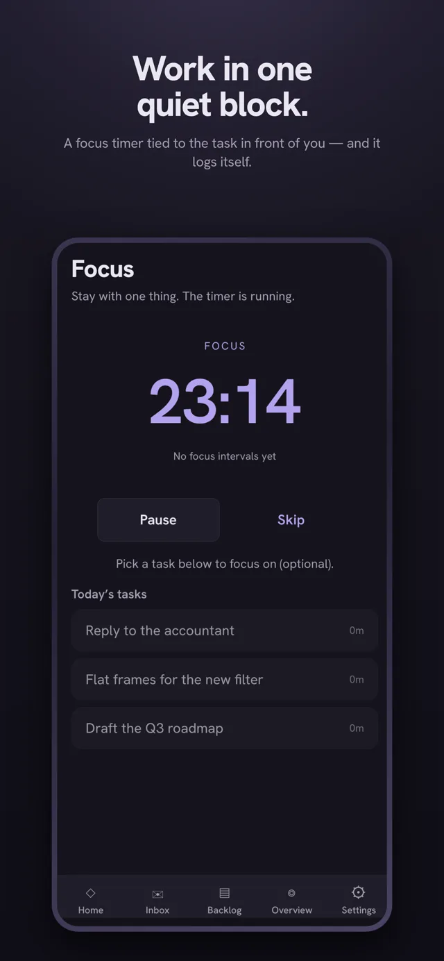 Mobile app screenshot titled “Work in one quiet block.” — a running focus timer at 23:14 tied to the task in front of you, with today's tasks to pick from.